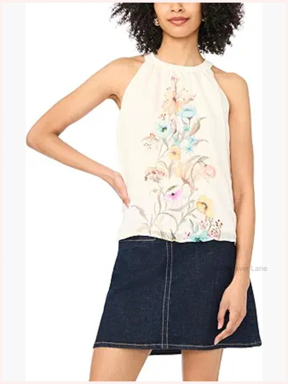 High Neck Sleeveless Blouse Floral Print Keyhole Back Classic Fit